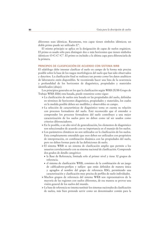 Guía para la descripción de suelos80
diferentes sean idénticas. Raramente, tres capas tienen símbolos idénticos; un
doble primo puede ser utilizado: E’’.
El mismo principio se aplica en la designación de capas de suelos orgánicos.
El primo es usado sólo para distinguir dos o más horizontes que tienen símbolos
idénticos: O-C-C’-C’’. El primo es incluido a la última capa para diferenciarla de
la primera.
PRINCIPIOS DE CLASIFICACIÓN DE ACUERDO CON SISTEMA WRB
El edafólogo debe intentar clasificar el suelo en campo de la forma más precisa
posible sobre la base de los rasgos morfológicos del suelo que han sido observados
y descritos. La clasificación final se realizara tan pronto como los datos analíticos
de laboratorio estén disponibles. Se recomienda hacer una lista de la ocurrencia
y profundidad de los horizontes de diagnóstico, propiedades y materiales
identificados (abajo).
Los principios generales en los que la clasificación según WRB (IUSS Grupo de
Trabajo WRB 2006) esta basada, puede resumirse como sigue:
La clasificación de suelos esta basada en las propiedades del suelo, definidas
en términos de horizontes diagnóstico, propiedades y materiales, los cuales
en la medida posible deben ser medibles y observables en campo.
La selección de características de diagnóstico toma en cuenta su relación
con procesos formadores del suelo. Está reconocido que el entender o
comprender los procesos formadores del suelo contribuye a una mejor
caracterización de los suelos pero no deben como tal ser usados como
criterios diferenciadores.
En lo posible, a un alto nivel de generalización, los elementos de diagnóstico
son seleccionados de acuerdo con su importancia en el manejo de los suelos.
Los parámetros climáticos no son utilizados en la clasificación de los suelos.
Esta completamente entendido que esos deben ser utilizados con propósitos
de interpretación, en combinación dinámica con las propiedades del suelo,
pero no deben formar parte de las definiciones de suelo.
El sistema WRB es un sistema de clasificación amplio que permite a los
usuarios correlacionarlo con su sistema nacional de clasificación. Comprende
dos grados de detalle categórico:
• la Base de Referencia, limitada solo al primer nivel y tiene 32 grupos de
referencia.
• el sistema de clasificación WRB, consisteo de la combinación de un juego
de calificadores-prefijos y sufijos- que están definidos de manera única
y agragdos al nombre del grupo de referencia RSG, permitiendo una
caracterización y clasificación muy precisa de perfiles de suelo individuales.
Muchos grupos de referencia del sistema WRB son representativos de la
mayoría de las regiones con suelos diferentes, de esa manera se provee una
visión general de los suelos del mundo.
La base de referencia no intenta sustituir los sistemas nacionales de clasificación
de suelos, más bien pretende servir como un denominador común para la
 