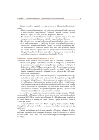 Capítulo 5 – Interpretación genética y sistemática – clasificación de suelos 83
Cuando un suelo es sepultado por material nuevo, se deben aplicar las siguientes
reglas:
1.El nuevo material suprayacente y el suelo enterrado es clasificado como uno
si ambos califican como Histosol, Technosol, Cryosol, Leptosol, Vertisol,
Fluvisol, Gleysol, Andosol, Planosol, Stagnosol o Arenosol.
2.De otro modo, el material nuevo es clasificado al primer nivel, si es 50 cm o
más grueso, o si individualmente reúne los requisitos de un Regosol.
3.En todos los otros casos, el suelo enterrado es clasificado al primer nivel.
4.Si el suelo suprayacente es clasificado al primer nivel, el suelo enterrado es
reconocido a través de especificador Thapto, y se añade ic al nombre del RSG
del suelo enterrado. Todo este nombre debe estar entre paréntesis después
del nombre del suelo suprayacente; por ejemplo: Technic Umbrisol (Gleyic)
(Thapto-Podzolic). Si el suelo enterrado es clasificado al primer nivel, el
material suprayacente es indicado con el calificador Novic.
Principios y uso de los calificadores en la WRB
Un sistema de dos hileras es utilizado para el nivel de calificador y comprende:
Calificadores prefijo: calificadores asociados e intergrados o intermedios;
la secuencia de los calificadores intergrado sigue aquella de los Grupos de
Referencia en la Clave WRB, con la excepción de los Arenosoles; este intergrado
está ordenado con los calificadores sufijo texturales (ver abajo). Haplic cierra la
lista de los calificadores prefijo indicando que no aplican ni los calificadores
asociados ni los intergrado.
Calificadores sufijo: otros calificadores siguiendo la siguiente frecuencia: (1)
calificadores relacionados con los horizontes de diagnóstico, propiedades
y materiales; (2) calificadores relacionados con las características químicas;
(3) calificadores relacionados con las características físicas; (4) calificadores
relacionadosconlascaracterísticasmineralógicas;(5)calificadoresrelacionados
con las características superficiales; (6) calificadores relacionados con las
características texturales, incluyendo fragmentos gruesos; (7) calificadores
relacionados con el l color; y (8) calificadores restantes.
Los nombres de los calificadores prefijos se sitúan siempre antes del RSG; los
nombres de los calificadores sufijos se sitúan siempre entre paréntesis después del
nombre del RSG. No se permite la combinación de calificadores ya se para indicar
un estado similar o de duplicación, como Thionic y Dystric, Calcaric y Eutric, o
Rhodic y Chromic.
Los especificadores como Epi-, Endo-, Hyper-, Hypo-, Thapto-, Bathy-,
Para-, Proto-, Cumuli- y Ortho-, son usados para indicar cierta expresión del
calificador.
Cuando se clasifica un perfil de suelo, todos los calificadores aplicables de la lista
deben ser registrados. Para propósitos de mapeo, la escala determinará el número
de calificadores a usar. En ese caso, los calificadores prefijo tienen prioridad sobre
los sufijos.
 