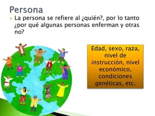  La persona se refiere al ¿quién?, por lo tanto
¿por qué algunas personas enferman y otras
no?
Edad, sexo, raza,
nivel de
instrucción, nivel
económico,
condiciones
genéticas, etc.
 