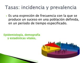  Es una expresión de frecuencia con la que se
produce un suceso en una población definida,
en un período de tiempo especificado.
 