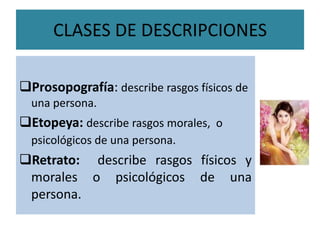 CLASES            -  Prosopografía            - etopeya            - retrato            -   autorretrato            -   cronografía            -  topografía