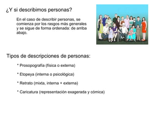 ¿Y si describimos personas?
Tipos de descripciones de personas:
En el caso de describir personas, se
comienza por los rasgos más generales
y se sigue de forma ordenada: de arriba
abajo.
* Prosopografía (física o externa)
* Etopeya (interna o psicológica)
* Retrato (mixta, interna + externa)
* Caricatura (representación exagerada y cómica)
 