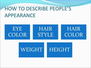HOW TO DESCRIBE PEOPLE’S
APPEARANCE
 