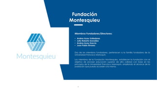 2
Fundación
Montesquieu
Miembros Fundadores/Directores:
• Andres Ayau Valladares
• Julio Roberto González
• Andres Ayau Ga...