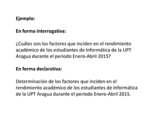 Ejemplo:
En forma interrogativa:
¿Cuáles son los factores que inciden en el rendimiento
académico de los estudiantes de Informática de la UPT
Aragua durante el período Enero-Abril 2015?
En forma declarativa:
Determinación de los factores que inciden en el
rendimiento académico de los estudiantes de Informática
de la UPT Aragua durante el período Enero-Abril 2015.
 