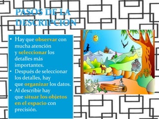 • Hay que observar con
mucha atención
y seleccionar los
detalles más
importantes.
• Después de seleccionar
los detalles, hay
que organizar los datos.
• Al describir hay
que situar los objetos
en el espacio con
precisión.
 