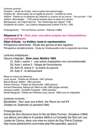 Lectures cursives :
Chapitre I : étude de l'incipit, mise en place des personnages
Chapitre 30 : dénonciation de la fragilité du pouvoir ; moralité du conte
Voltaire : Poème sur le désastre de Lisbonne ou examen de cet axiome : "Tout est bien", 1756
Voltaire, Micromégas - 1752 (extrait analysé dans le cadre d'un devoir)
Montesquieu, de L'esprit des lois : "Sur l'esclavage des nègres" 1748
Choderlos de Laclos : Les Liaisons dangereuses (Lettres II et IV), 1782

Prolongements : Film de Patrice Leconte : Ridicule! (1996)

Séquence n° 5 - Dom Juan, une pièce propice aux interprétations
scénographiques
Objet d'étude : Le théâtre, texte et représentation
Perspective dominante : Étude des genres et des registres
Perspective complémentaire : Étude de l'intertextualité et de la singularité des textes.


Lectures analytiques :
Oeuvre intégrale : Dom Juan, Molière 1665
     21. Acte I, scène 1 : une scène d'exposition non conventionnelle
     22. Acte I, scène 2 : l'éloge de l'inconstance
     23. Acte III, scène 2 : la scène du pauvre
     24. Acte V : le dénouement

Mises en scène de référence :
Louis Jouvet , Théâtre de l'Athénée, 1947 (photos)
Marcel Bluwal, téléﬁlm 1965 (extraits)
Patrice Chéreau, Théâtre de Sartrouville, 1969 (photos)
Armand Delcampe, Abbaye de Villers-la-ville 1999 (larges extraits)
Jacques Lasalle , Comédie Française - 2002 (extraits)
Daniel Mesguish, Théâtre de l'Athénée-Louis Jouvet, 2002 (vue en intégralité)

Lectures cursives : `
Baudelaire : Don Juan aux enfers, les Fleurs du mal XV
Oedipe-roi, Sophocle (lu pendant l'été)

Prolongements :
Extrait de Don Giovanni dans le ﬁlm de Milos Forman, Amadeus (1984)
Les élèves sont allés le 9 octobre 2009 à La Comédie De l'Est voir Les
Justes de Camus, dans une mise en scène de Guy Pierre Couleau
http://www.atelierdurhin.com/index.php?ﬁle=spect&id_spect=3
 