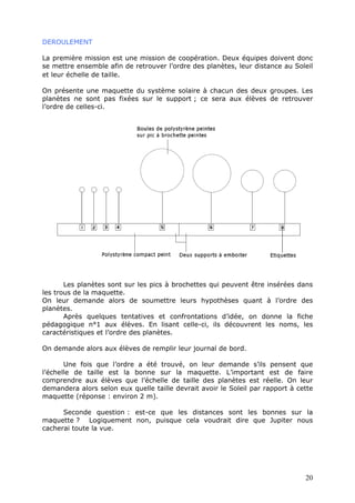 DEROULEMENT
La première mission est une mission de coopération. Deux équipes doivent donc
se mettre ensemble afin de retrouver l’ordre des planètes, leur distance au Soleil
et leur échelle de taille.
On présente une maquette du système solaire à chacun des deux groupes. Les
planètes ne sont pas fixées sur le support ; ce sera aux élèves de retrouver
l’ordre de celles-ci.
Les planètes sont sur les pics à brochettes qui peuvent être insérées dans
les trous de la maquette.
On leur demande alors de soumettre leurs hypothèses quant à l’ordre des
planètes.
Après quelques tentatives et confrontations d’idée, on donne la fiche
pédagogique n°1 aux élèves. En lisant celle-ci, ils découvrent les noms, les
caractéristiques et l’ordre des planètes.
On demande alors aux élèves de remplir leur journal de bord.
Une fois que l’ordre a été trouvé, on leur demande s’ils pensent que
l’échelle de taille est la bonne sur la maquette. L’important est de faire
comprendre aux élèves que l’échelle de taille des planètes est réelle. On leur
demandera alors selon eux quelle taille devrait avoir le Soleil par rapport à cette
maquette (réponse : environ 2 m).
Seconde question : est-ce que les distances sont les bonnes sur la
maquette ? Logiquement non, puisque cela voudrait dire que Jupiter nous
cacherai toute la vue.
20
 