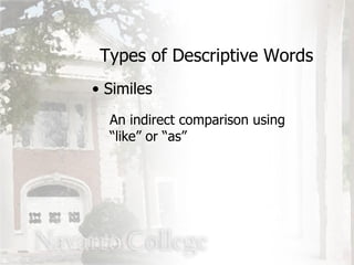 Types of Descriptive Words Similes An indirect comparison using “like” or “as” 