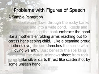 Problems with Figures of Speech A Sample Paragraph Cool water flows through the rocky banks of the creek and into a wide pond.  Reeds and cattails surrounding the bank  embrace the pond like a mother’s enfolding arms reaching out to caress her sleeping child.  Like a beaming proud mother’s eye,  the sun  drenches  the scene with its  loving warmth.  Just beneath the sparkling surface of the water, minnows  shoot  from rock to rock  like silver darts thrust like scattershot by some unseen hand. 