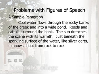 Problems with Figures of Speech A Sample Paragraph Cool water flows through the rocky banks of the creek and into a wide pond.  Reeds and cattails surround the bank.  The sun drenches the scene with its warmth.  Just beneath the sparkling surface of the water, like silver darts, minnows shoot from rock to rock. 
