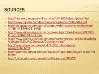 Sourceshttp://highered.mcgraw-hill.com/olc/dl/43039/description.htmlhttp://www.nijomu.com/teaching/paragraphs-rhetmodes.pdfhttp://als.asiatrac.com/portal/widget/web/academic-writing/week-4/-/56_INSTANCE_r4AShttp://www.leicestergrammar.org.uk/subjectSites/English/DESCRIPTIVE%20WRITING.htmlhttp://www.alamo.edu/pac/htm/new/current/resources/tutor/writing/pdf/type%20of%20essays/Descriptive.pdfhttp://www.ehow.com/about_4740909_descriptive-paragraphs.htmlhttp://grammar.about.com/od/developingparagraphs/a/descparhub.htmhttp://owl.english.purdue.edu/owl/resource/685/03/
