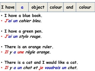 I have    a     object   colour   and      colour
• I have a blue book.
• J’ai un cahier bleu.

• I have a green pen.
• J’ai un stylo rouge.

• There is an orange ruler.
• Il y a une règle orange.

• There is a cat and I would like a cat.
• Il y a un chat et je voudrais un chat.
 