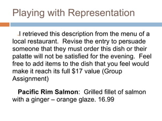 Playing with Representation

 ● I retrieved this description from the menu of a
local restaurant. Revise the entry to persuade
someone that they must order this dish or their
palatte will not be satisfied for the evening. Feel
free to add items to the dish that you feel would
make it reach its full $17 value (Group
Assignment)

 Pacific Rim Salmon: Grilled fillet of salmon
with a ginger – orange glaze. 16.99
 