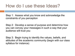 How do I use these Ideas?
Step 1: Assess what you know and acknowledge the
constraints of you perception

Step 2: Develop a sense of purpose and determine how
you can convey your messages in such a way that your
audience will trust you

Step 3: Begin trying to identify the values, beliefs, and
attitudes of the academic community (begin with our class
syllabus for instance)
 