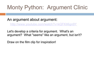 Monty Python: Argument Clinic

An argument about argument:
  http://www.youtube.com/watch?v=kQFKtI6gn9Y

Let's develop a criteria for argument. What's an
argument? What "seems" like an argument, but isn't?

Draw on the film clip for inspiration!
 