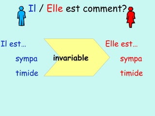 Il / Elle est comment?
Il est…
sympa
timide
Elle est…
sympa
timide
invariable
 