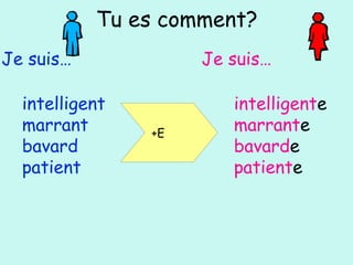 Tu es comment?
Je suis… Je suis…
intelligent
marrant
bavard
patient
intelligente
marrante
bavarde
patiente
+E
 