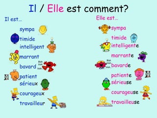 Il / Elle est comment?
Il est…
sympa
timide
Elle est…
sympa
timide
intelligent
marrant
bavard
patient
sérieux
courageux
travailleur
intelligente
marrante
bavarde
patiente
sérieuse
courageuse
travailleuse
Blah
blah
blah...
Blah
blah
blah...
 