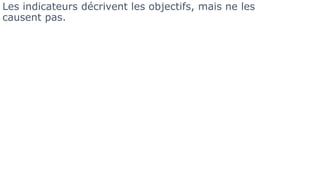 Les indicateurs décrivent les objectifs, mais ne les
causent pas.
 