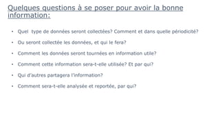 Quelques questions à se poser pour avoir la bonne
information:
• Quel type de données seront collectées? Comment et dans quelle périodicité?
• Ou seront collectée les données, et qui le fera?
• Comment les données seront tournées en information utile?
• Comment cette information sera-t-elle utilisée? Et par qui?
• Qui d’autres partagera l’information?
• Comment sera-t-elle analysée et reportée, par qui?
 