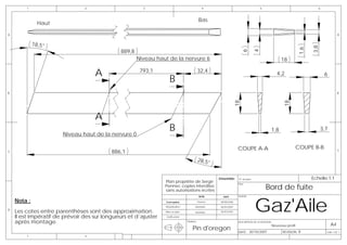 1                       2                        3                                     4                                     5                                  6



                                                                                            Bas
               Haut
A                                                                                                                                                                                     A


             18,5°




                                                                                                                                                                     3,8
                                                                                                                                                               1,6
                                               889,8




                                                                                                                        6

                                                                                                                                 4
                                                       Niveau haut de la nervure 6                                                                  18

                                    A                   793,1                               32,4
                                                                                                                                                  4,2                       6
                                                                    B
B                                                                                                                                                                                     B




                                                                                                                   18




                                                                                                                                                    18
                                    A
                                                                    B                                                                         1,8                          3,7
                       Niveau haut de la nervure 0

                                                                                                                    COUPE A-A                                  COUPE B-B
C                                          886,1                                                                                                                                      C


                                                                                            28,5°


                                                                                                     Emsemble:      N° de plan                                       Echelle:1:1
                                                                 Plan propriéte de Serge
                                                                                                                                          Bord de fuite
                                                                                                          -         Plan:
                                                                 Pennec copies interdites
                                                                 sans autorisations écrites



                                                                                                                                 Gaz'Aile
                                                                                            NOM         DATE        AVION:

    Nota :                                                       Conception                 Pennec    08/08/2006

                                                                 Modelisation          Muthelet       06/03/2007
D
    Les cotes entre parenthèses sont des approximation.          Mise en plan          Muthelet       06/03/2007

    Il est impératif de prévoir des sur longueurs et d’ajuster    Verification

    après montage.                                                               Matière:                           DESCRIPTION DE LA REVISION:
                                                                                                                                                                                 A4
                                                                                                                                              Nouveau profil
                                                                                     Pin d'oregon                   DATE: 30/10/2007                REVISION: B              Folio 1 OF 1
        1                       2
 