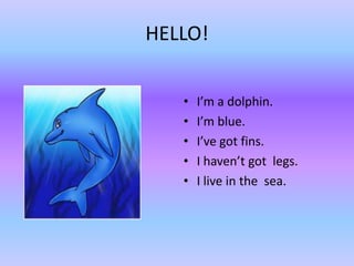 HELLO!


   •   I’m a dolphin.
   •   I’m blue.
   •   I’ve got fins.
   •   I haven’t got legs.
   •   I live in the sea.
 