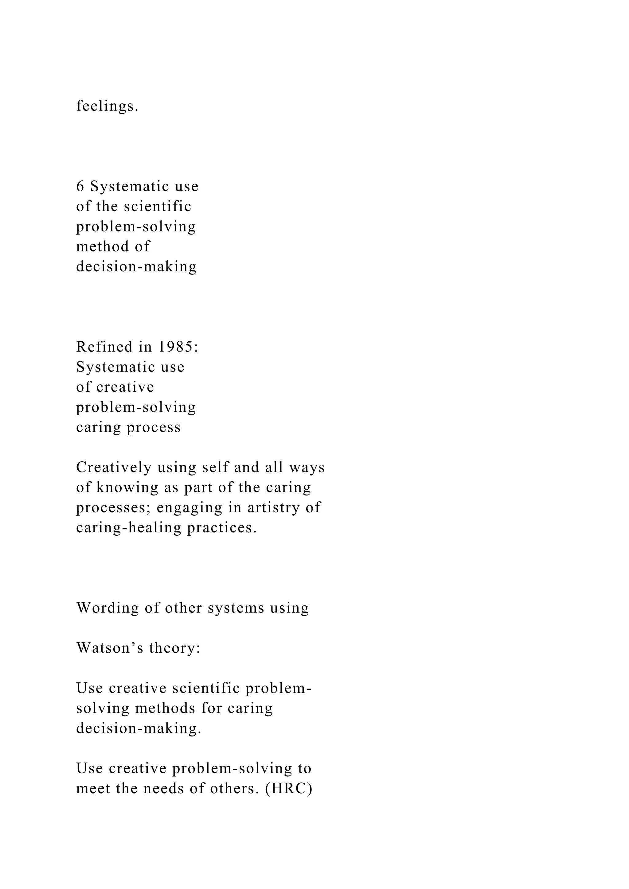 feelings.
6 Systematic use
of the scientific
problem-solving
method of
decision-making
Refined in 1985:
Systematic use
of creative
problem-solving
caring process
Creatively using self and all ways
of knowing as part of the caring
processes; engaging in artistry of
caring-healing practices.
Wording of other systems using
Watson’s theory:
Use creative scientific problem-
solving methods for caring
decision-making.
Use creative problem-solving to
meet the needs of others. (HRC)
 