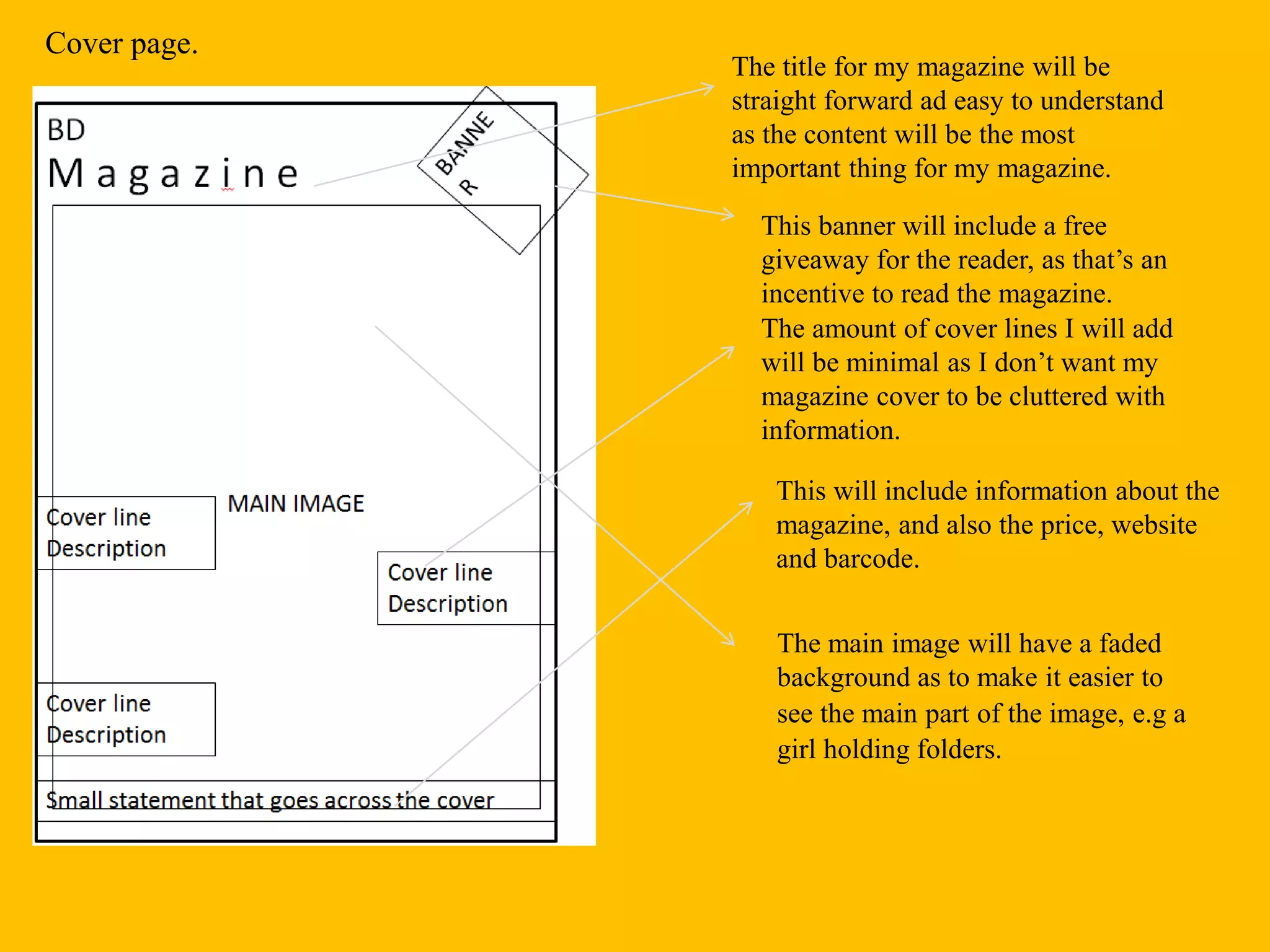 Cover page.
The title for my magazine will be
straight forward ad easy to understand
as the content will be the most
important thing for my magazine.
This banner will include a free
giveaway for the reader, as that’s an
incentive to read the magazine.
The amount of cover lines I will add
will be minimal as I don’t want my
magazine cover to be cluttered with
information.
This will include information about the
magazine, and also the price, website
and barcode.
The main image will have a faded
background as to make it easier to
see the main part of the image, e.g a
girl holding folders.
 