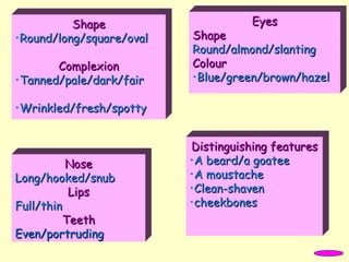 NoseNose
Long/hooked/snubLong/hooked/snub
LipsLips
Full/thinFull/thin
TeethTeeth
Even/portrudingEven/portruding
EyesEyes
ShapeShape
Round/almond/slantingRound/almond/slanting
ColourColour
•Blue/green/brown/hazelBlue/green/brown/hazel
ShapeShape
•Round/long/square/ovalRound/long/square/oval
ComplexionComplexion
•Tanned/pale/dark/fairTanned/pale/dark/fair
•Wrinkled/fresh/spottyWrinkled/fresh/spotty
Distinguishing featuresDistinguishing features
•A beard/a goateeA beard/a goatee
•A moustacheA moustache
•Clean-shavenClean-shaven
•cheekbonescheekbones
 