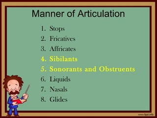 Manner of Articulation
1. Stops
2. Fricatives
3. Affricates
4. Sibilants
5. Sonorants and Obstruents
6. Liquids
7. Nasals
8. Glides
 