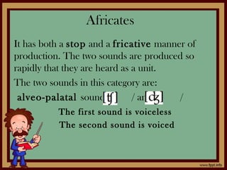 Africates
It has both a stop and a fricative manner of
production. The two sounds are produced so
rapidly that they are heard as a unit.
The two sounds in this category are:
alveo-palatal sounds / / and / /
The first sound is voiceless
The second sound is voiced
 