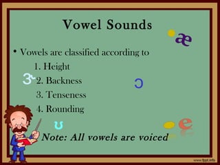 Vowel Sounds
• Vowels are classified according to
1. Height
2. Backness
3. Tenseness
4. Rounding
Note: All vowels are voiced
 