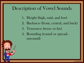 Description of Vowel Sounds
1. Height (high, mid, and low)
2. Backness (front, central, and back)
3. Tenseness (tense or lax)
4. Rounding (round or spread-
unround)
 