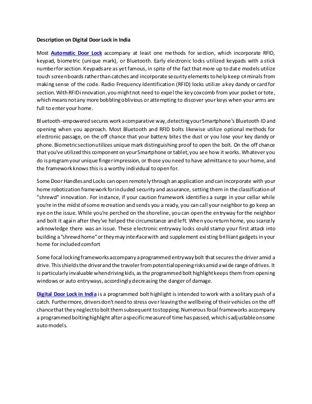 Description On Digital Door Lock In India