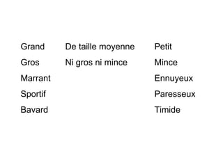 Grand De taille moyenne Petit Gros Ni gros ni mince Mince Marrant Ennuyeux Sportif Paresseux Bavard Timide 