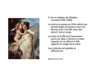 C´est un tableau de Adolphe Jourdan(1825-1889). La scène se passe au XIXe siècle.Les personnages principaux sont une femme avec une fille avec des ailes.C´est un ange. La mère et la fille sont heureuses parce qu´elles s´aiment.La mère regarde sur le côté et la fille regarde le visage de la mère. Leur attitude est paisible et affectueuse. Melody García 4ºB 