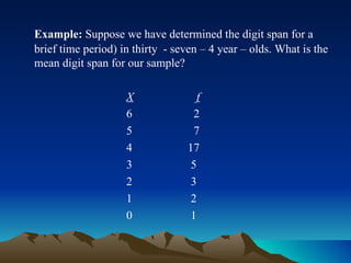 Example:  Suppose we have determined the digit span for a brief time period) in thirty  - seven – 4 year – olds. What is the mean digit span for our sample? X f 6  2 5   7 4   17 3   5 2   3 1   2 0   1  