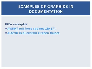 IKEA examples
 AVSIKT roll front cabinet 18x17"
 ALSVIK dual central kitchen faucet
EXAMPLES OF GRAPHICS IN
DOCUMENTATION
 