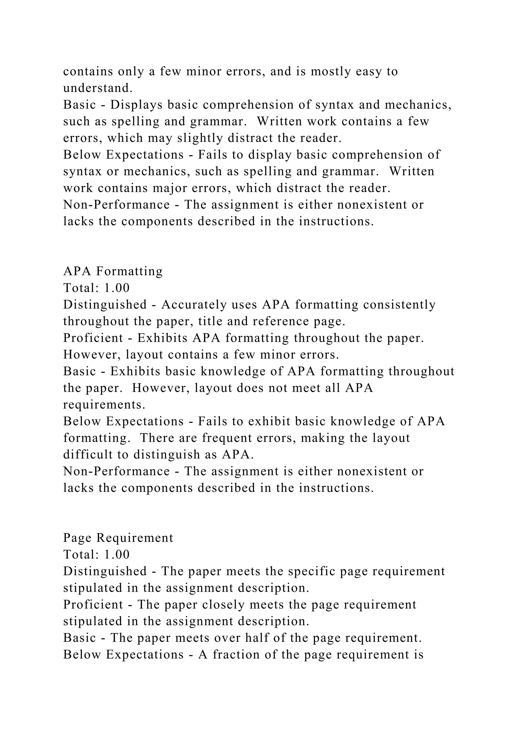 contains only a few minor errors, and is mostly easy to
understand.
Basic - Displays basic comprehension of syntax and mechanics,
such as spelling and grammar. Written work contains a few
errors, which may slightly distract the reader.
Below Expectations - Fails to display basic comprehension of
syntax or mechanics, such as spelling and grammar. Written
work contains major errors, which distract the reader.
Non-Performance - The assignment is either nonexistent or
lacks the components described in the instructions.
APA Formatting
Total: 1.00
Distinguished - Accurately uses APA formatting consistently
throughout the paper, title and reference page.
Proficient - Exhibits APA formatting throughout the paper.
However, layout contains a few minor errors.
Basic - Exhibits basic knowledge of APA formatting throughout
the paper. However, layout does not meet all APA
requirements.
Below Expectations - Fails to exhibit basic knowledge of APA
formatting. There are frequent errors, making the layout
difficult to distinguish as APA.
Non-Performance - The assignment is either nonexistent or
lacks the components described in the instructions.
Page Requirement
Total: 1.00
Distinguished - The paper meets the specific page requirement
stipulated in the assignment description.
Proficient - The paper closely meets the page requirement
stipulated in the assignment description.
Basic - The paper meets over half of the page requirement.
Below Expectations - A fraction of the page requirement is
 