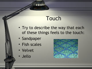 Touch
• Try to describe the way that each
of these things feels to the touch:
• Sandpaper
• Fish scales
• Velvet
• Jello
 
