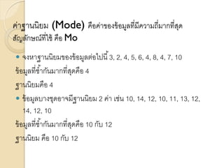 ค่าฐานนิยม (Mode) คือค่าของข้อมูลที่มีความถี่มากที่สุด
สัญลักษณ์ที่ใช้ คือ Mo
 จงหาฐานนิยมของข้อมูลต่อไปนี้3, 2, 4, 5, 6, 4, 8, 4, 7, 10
ข้อมูลที่ซ้ากันมากที่สุดคือ 4
ฐานนิยมคือ 4
 ข้อมูลบางชุดอาจมีฐานนิยม 2 ค่า เช่น 10, 14, 12, 10, 11, 13, 12,
14, 12, 10
ข้อมูลที่ซ้ากันมากที่สุดคือ 10 กับ 12
ฐานนิยม คือ 10 กับ 12
 