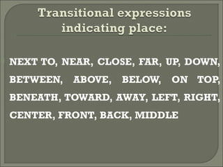  NEXT TO, NEAR, CLOSE, FAR, UP, DOWN,
BETWEEN, ABOVE, BELOW, ON TOP,
BENEATH, TOWARD, AWAY, LEFT, RIGHT,
CENTER, FRONT, BACK, MIDDLE
 