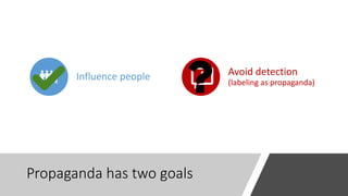 Propaganda has two goals
Influence people Avoid detection
(labeling as propaganda)
 