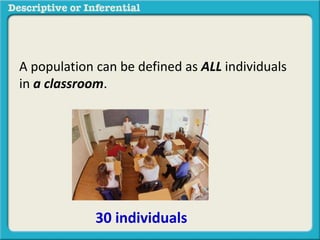 A population can be defined as ALL individuals
in a classroom.
30 individuals
 