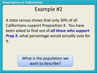 Example #2
A state census shows that only 30% of all
Californians support Proposition X. You have
been asked to find out of all those who support
Prop X, what percentage would actually vote for
it.
What is the population we
want to describe?
 