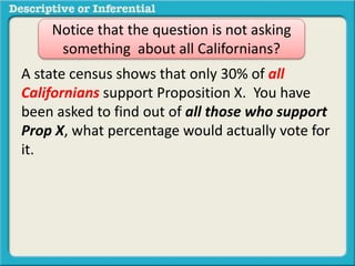 Example #2
A state census shows that only 30% of all
Californians support Proposition X. You have
been asked to find out of all those who support
Prop X, what percentage would actually vote for
it.
Notice that the question is not asking
something about all Californians?
 
