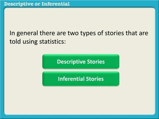 In general there are two types of stories that are
told using statistics:
Descriptive Stories
Inferential Stories
 