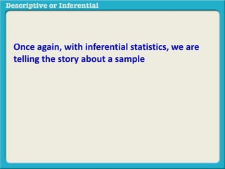 Once again, with inferential statistics, we are
telling the story about a sample
 
