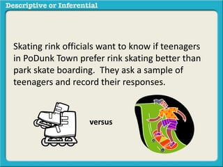 Skating rink officials want to know if teenagers
in PoDunk Town prefer rink skating better than
park skate boarding. They ask a sample of
teenagers and record their responses.
versus
 